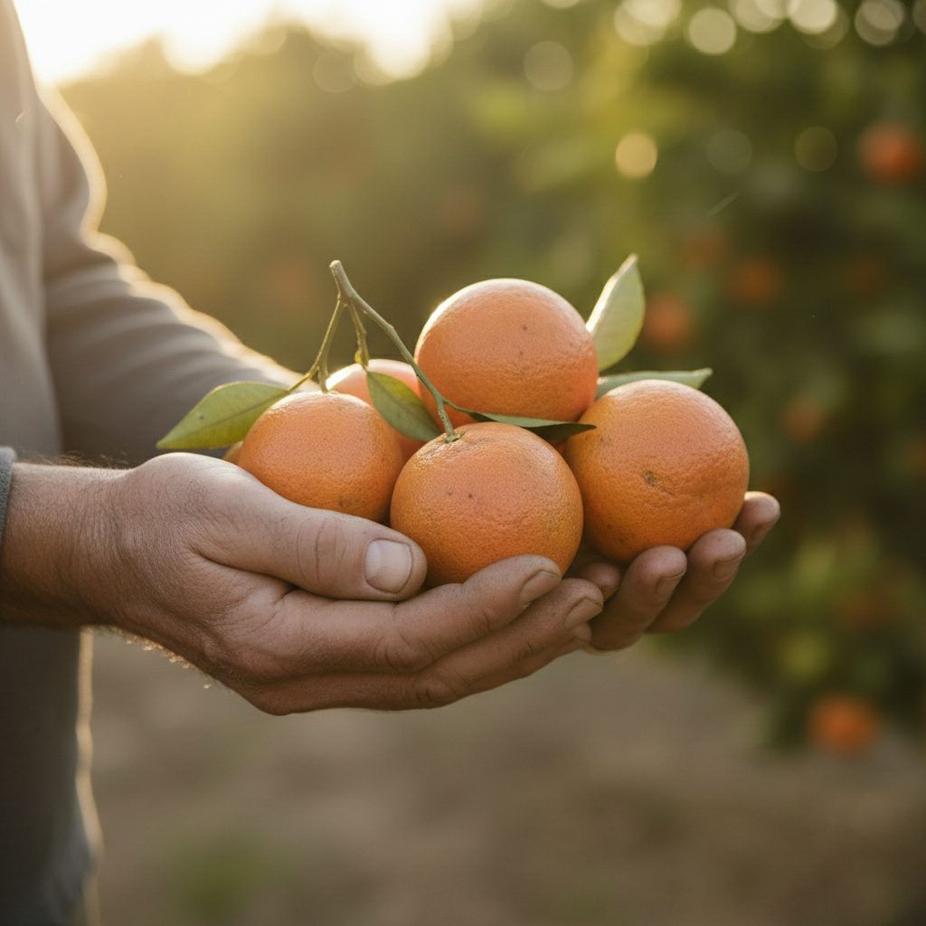 Hands holding freshly picked oranges