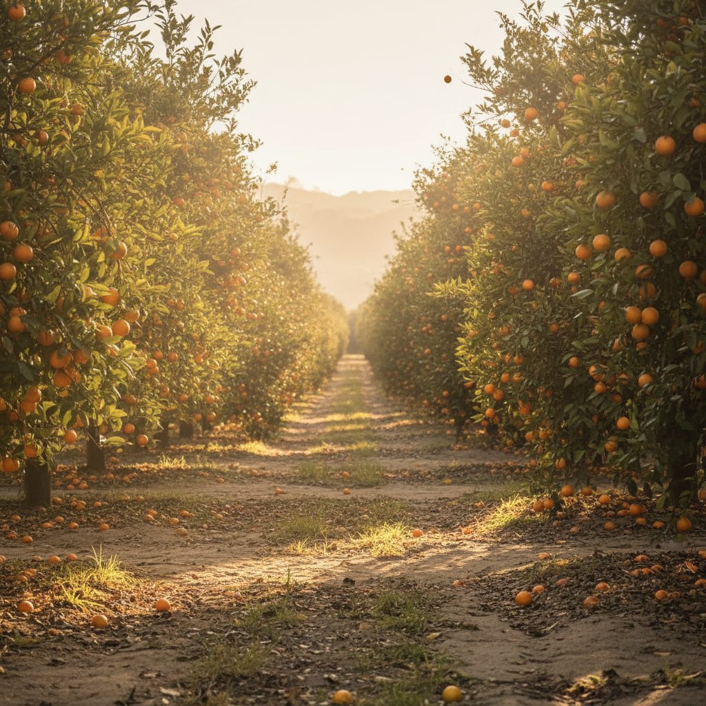 Rows of citrus trees in the orchard at golden hour
