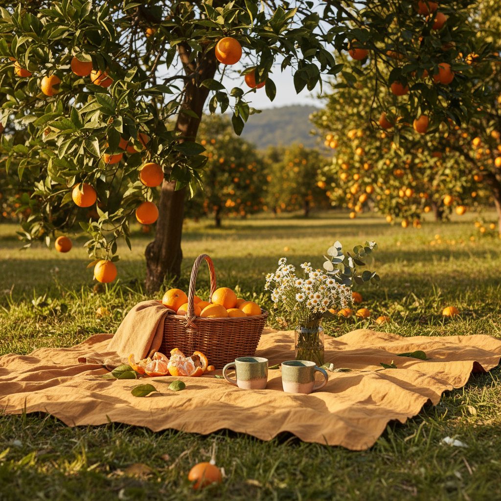 A picnic spread under a citrus tree