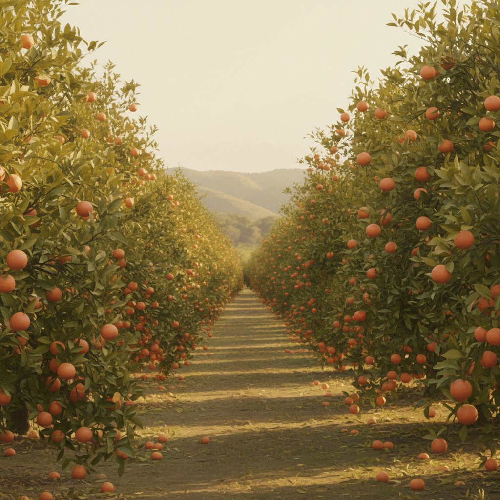 A private citrus orchard in Riverside, California at golden hour